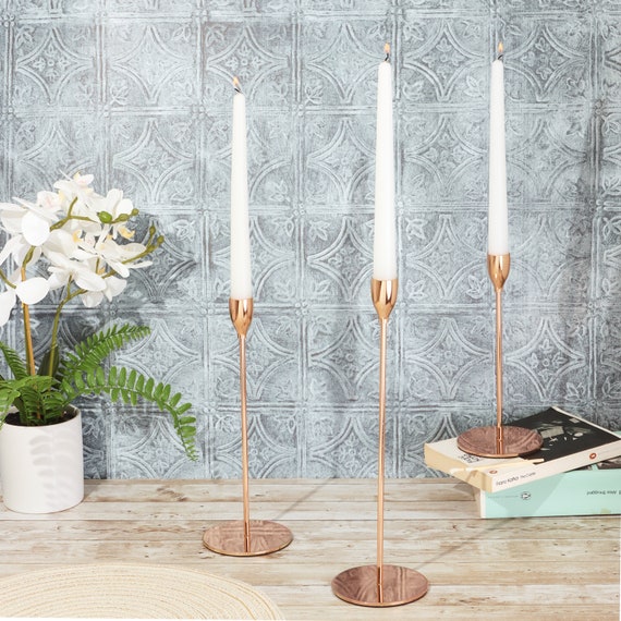 G Decor Set of 3 Aldwin Copper Rose Gold Brass Metal Classic Dinner  Candlesticks Taper Church Candle Holders 