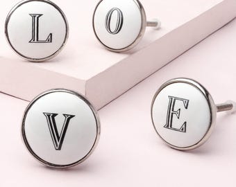 Alphabet Monogram Letter Ceramic Drawer Pulls, White Personalised Cabinet Knobs, Cupboard Hardware