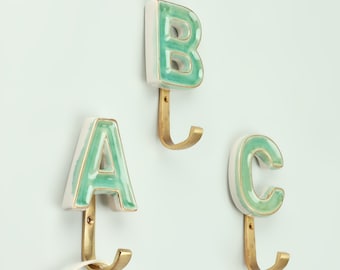 G Decor Personalised Handcrafted Monogram Alphabet Green Crackle Glazed Hooks Hand-Painted Ceramic & Antique Finish Brass Letter Wall Hooks