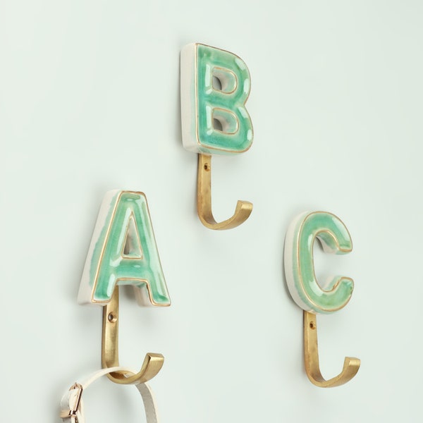 G Decor Alphabet Green Crackle Glazed Hooks In Antique Brass Coat Hooks