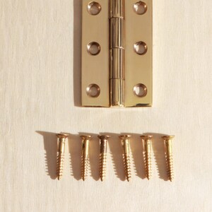 May include: A polished brass butt hinge featuring a central barrel and two rectangular plates with three countersunk screw holes each. Six matching brass wood screws with flat heads and threaded shanks are arranged in a row below the hinge.