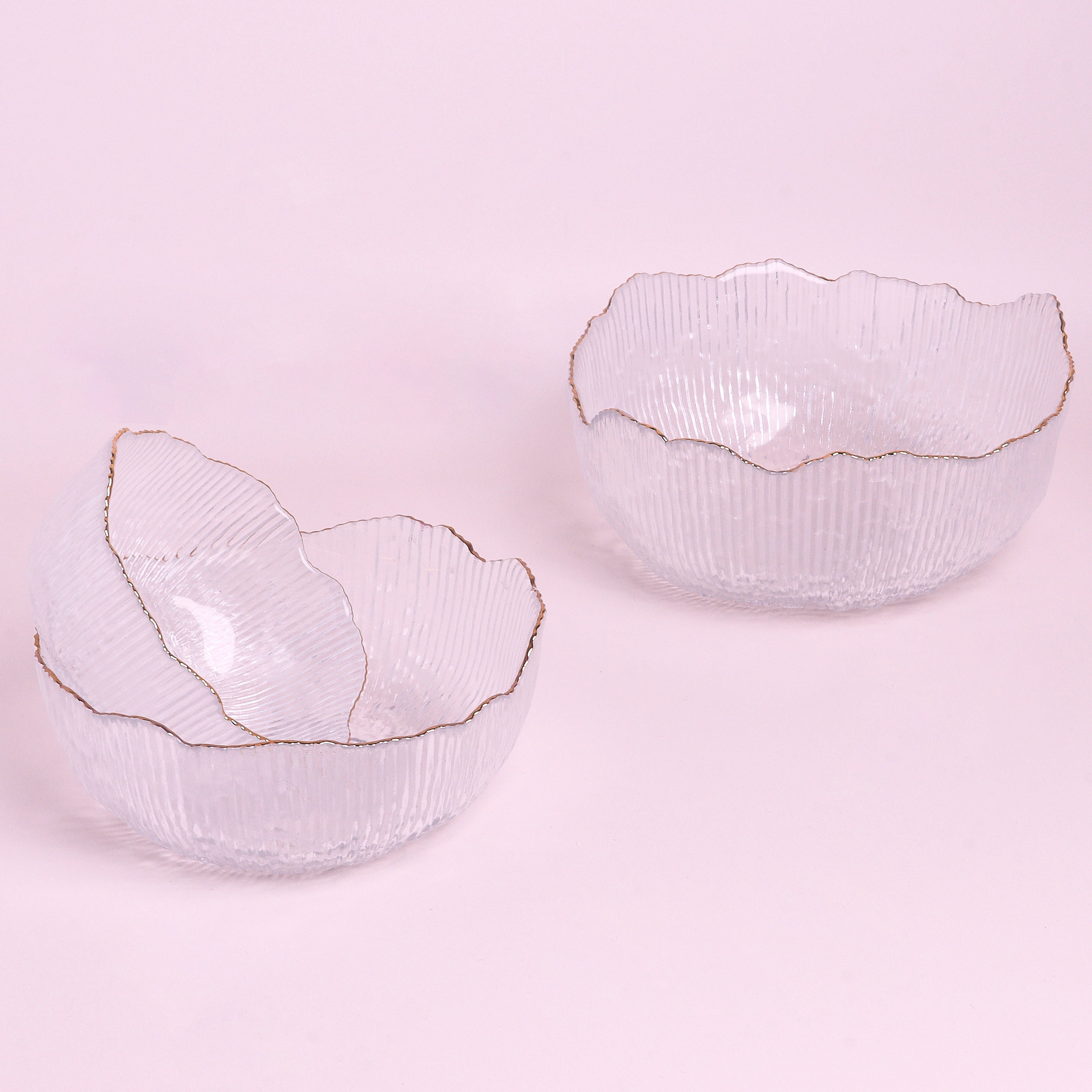 G Decor Calypso Irregular Transparent Clear Pressed Glass Gold Rim Serving Bowls Table Bowl