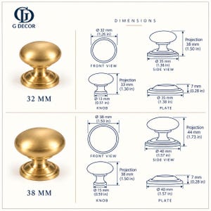 May include: Two gold-coloured metal cabinet knobs with technical diagrams showing dimensions in millimetres and inches. The 32 mm knob has a 1.26 inch diameter, while the 38 mm knob has a 1.50 inch diameter. Both include detailed side and front views.