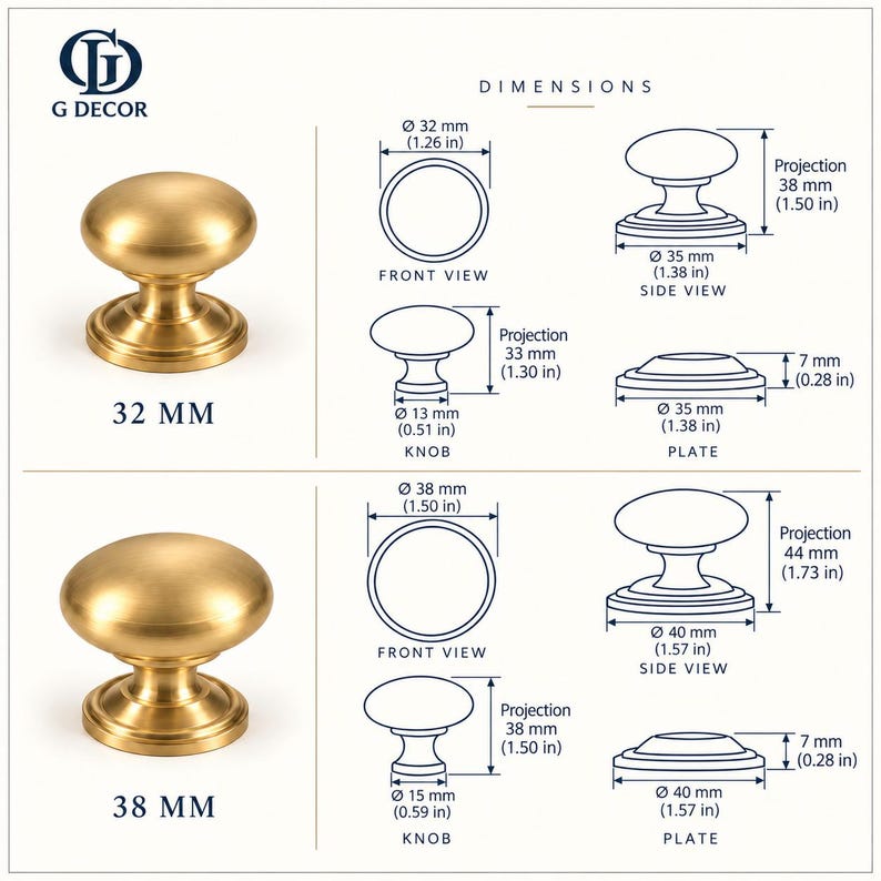 May include: Two gold-coloured metal cabinet knobs with technical diagrams showing dimensions in millimetres and inches. The 32 mm knob has a 1.26 inch diameter, while the 38 mm knob has a 1.50 inch diameter. Both include detailed side and front views.