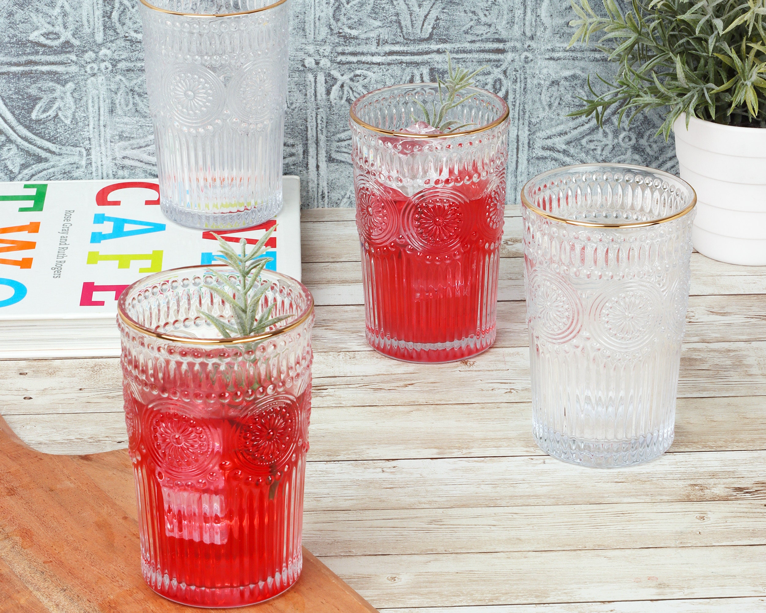 Medallion Highball Glass Set of 6, 16 oz, Durable Glasses, Etched Patterns,  Textured Glass Cups, Tall Drinking Glasses Ideal for Water, Juice, Beer
