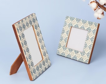 Picture Frames, Tangier Handcrafted Blue Floral Inlay Photo Frame, Freestanding Picture Display - G Decor