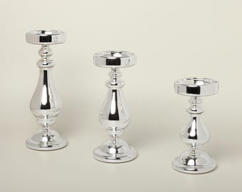 Candle Holders, Silvermere Set of 3 Hand-Blown Glass Silver Pillar Candle Holders, Centrepiece Stands - G Decor
