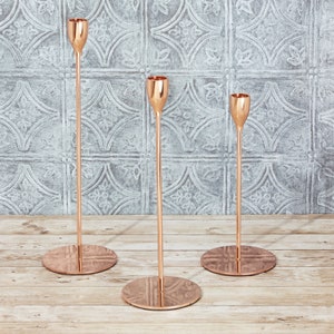 G Decor Set Of 3 Aldwin Copper Rose Gold Brass Metal Classic Dinner Candlesticks Taper Church Candle Holders image 6