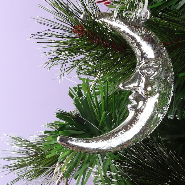 G Decor Large Hanging Silver Crescent Moon Glass Christmas Ornament with Mottled Celestial Finish