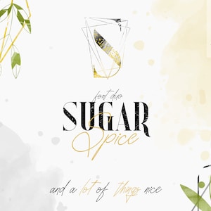 Puede incluir: Un diseño gráfico para un dúo de fuentes llamado "Sugar Spice and a lot of things nice". El diseño presenta una forma geométrica con purpurina dorada y una ilustración en blanco y negro de la letra "S". El fondo es una acuarela en tonos grises y amarillos.