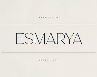 May include: A minimalist design featuring the word "ESMARYA" in a serif font. The text is in black, centered on a cream-colored background. Above the word is the word "INTRODUCING", and below it is "SERIF FONT".