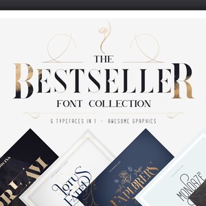 以下が含まれることがあります： 「The Bestseller Font Collection」と呼ばれるフォントコレクションのグラフィックデザイン製品リスト。このコレクションには、6つのフォントと素晴らしいグラフィックが含まれています。「Abulist」、「Orlam」、「Lotus Eater」、「Explorers」、「Mondrae」、「Black Gold」など、さまざまなフォントスタイルと名前が表示されています。