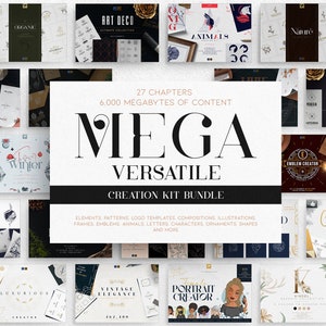 May include: A collage of images showcasing a large collection of graphic design elements, patterns, logo templates, illustrations, frames, and more. The text "MEGA VERSATILE CREATION KIT BUNDLE" is displayed in the centre of the image.