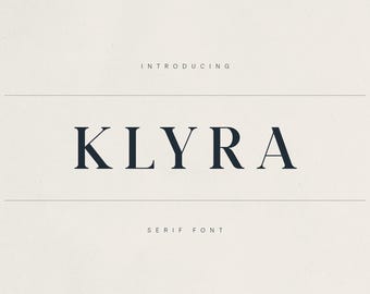 May include: A minimalist design featuring the word "KLYRA" in a bold, serif font. The text is dark navy blue against a cream-colored background. The word "INTRODUCING" and "SERIF FONT" are also present.