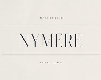 May include: A minimalist design featuring the word "NYMERE" in a serif font. The text is in a dark colour, set against a light background. The words "INTRODUCING" and "SERIF FONT" are also present.
