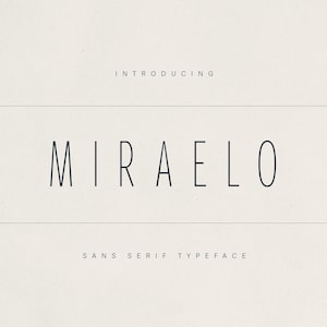 May include: A minimalist design featuring the word "MIRAELO" in a sans serif typeface. The text is centered on a cream-colored background, with the word "INTRODUCING" above and "SANS SERIF TYPEFACE" below.