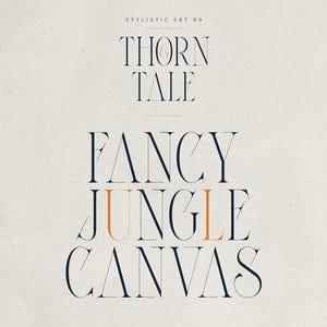 May include: A stylized graphic design featuring the words "THORN & TALE" and "FANCY JUNGLE CANVAS" in a serif font. The text is in navy blue and orange on a cream-colored background. The words are arranged in a stacked format.