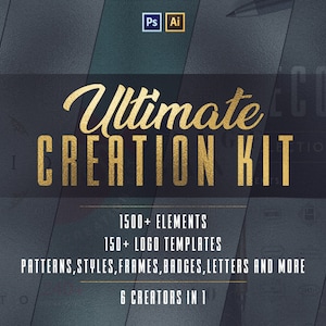 Op de afbeelding: Een gouden afbeelding met de tekst "Ultimate Creation Kit" op een donkergrijze achtergrond. De afbeelding bevat de tekst "1500+ Elementen", "150+ Logo-sjablonen", "Patronen, stijlen, frames, badges, letters en meer" en "6 Makers in 1".