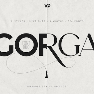 Könnte beinhalten: Grafikdesign mit dem Wort „CORGA“ in fetter, schwarzer Schrift, mit den Worten „FONT DUO“ in kleinerer Schrift. Das Design enthält den Text „2 STYLES 9 WEIGHTS 9 WIDTHS 324 FONTS“ und „VARIABLE STYLES INCLUDED“.