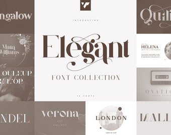 May include: A collection of fonts with the title "Elegant Font Collection" in a brown serif font. The image features various font samples, including "Bungalow," "Quilin," and "Maria Williams." The overall design is a neutral color palette.