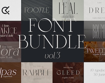 May include: A collage of ten different font styles, each with a unique name and description. The fonts are displayed in a grid format with a white background and black text. The title "FONT BUNDLE vol.3" is displayed in the center of the image.