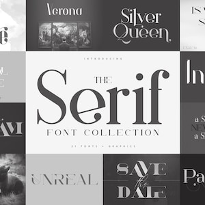 Pode incluir: Uma coleção de 21 fontes serif, cada uma com um estilo único. As fontes são exibidas em uma grade com diferentes palavras e frases, como "Verona", "Silver Queen", "Indigo", "Dream", "Alaska", "Unreal", "Save the Date" e "Papillon".
