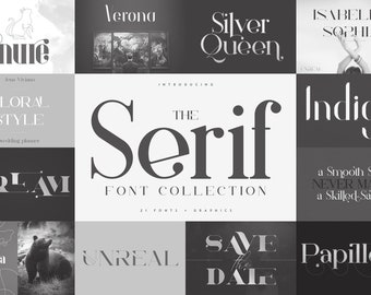 May include: A collection of 21 serif fonts, each with a unique style. The fonts are displayed in a grid with different words and phrases, such as "Verona", "Silver Queen", "Indigo", "Dream", "Alaska", "Unreal", "Save the Date", and "Papillon".