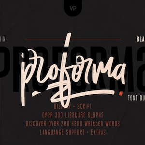 May include: A black and beige font duo graphic with the word "Proforma" in a bold, sans-serif style and a handwritten script. The graphic includes the words "Thin" and "Black", and details about the font.