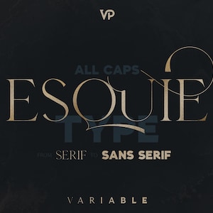 Könnte beinhalten: Grafikdesign mit dem Wort "ESQUIE" in einer Serifenschrift, mit dem Text "ALL CAPS TYPE" und "FROM SERIF TO SANS SERIF" darunter. Der Hintergrund ist dunkel mit Marmorstruktur.