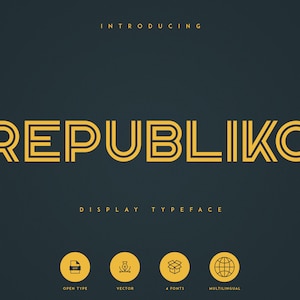 May include: A dark teal graphic with the word "REPUBLIKO" in a gold, layered font. The word "INTRODUCING" is above the word, and "DISPLAY TYPEFACE" is below. Four icons are at the bottom, with the words "OPEN TYPE", "VECTOR", "4 FONTS", and "MULTILINGUAL".