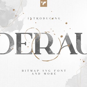 May include: Introducing Derau, a grey and white font with a watercolour background. The font is displayed in a large, bold style with a subtle gold accent. The text "BITMAP SVG FONT AND MORE" is also included in the image.
