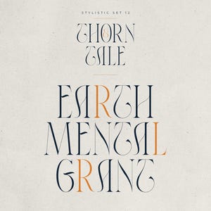 May include: A stylized graphic design featuring the words "THORN TALE" and "EARTH MENTAL GRANT" in a decorative serif font. The text is in a dark navy blue color with accents of orange, set against a cream-colored background. The words are arranged vertically.