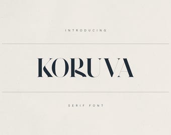 May include: A minimalist design featuring the word "KORUVA" in a dark navy serif font. The text is centered on a cream-colored background, with the words "INTRODUCING" and "SERIF FONT" above and below, respectively, in a smaller font.
