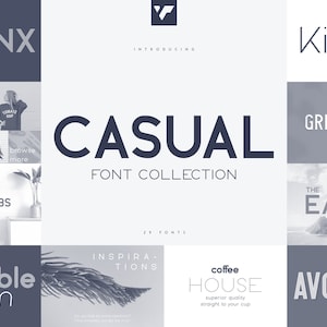 May include: A collection of 29 fonts called "Casual Font Collection". The fonts are displayed in various styles and sizes, with examples of each font used in different words and phrases. The fonts are all in a casual, modern style.