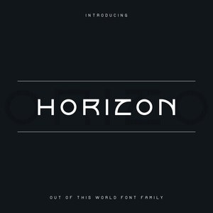 Puede incluir: Un gráfico de texto blanco sobre un fondo negro que dice "Introducing Horizon Out of This World Font Family".