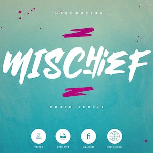 Mischief Brush Font Extras - Urbane, handgezeichnete Schrift mit 52 Swashes, Alternativen, Ligaturen und mehrsprachiger Unterstützung für Branding und Verpackung