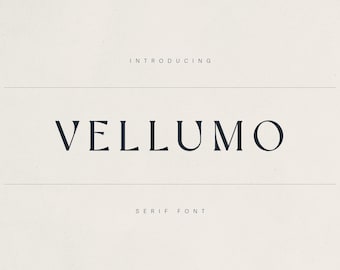 May include: A cream-colored background with the text "INTRODUCING" above a horizontal line. Below the line is the word "VELLUMO" in a dark navy serif font. Underneath the word "VELLUMO" is another horizontal line, and below that is the text "SERIF FONT".