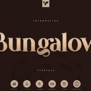 May include: A gold-colored font design called "Bungalow" typeface. The font is displayed on a dark brown background with a subtle texture. The font is a serif typeface with a classic and elegant style. The image also includes icons representing the font's features, such as ligatures, alternates, and multilingual support.
