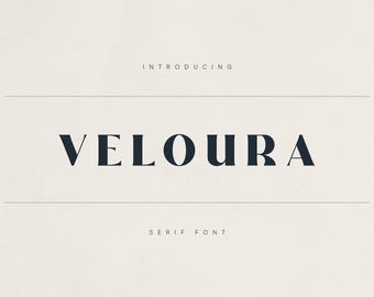 May include: A minimalist design featuring the word "VELOURA" in a bold, dark navy serif font. The text is centered on a cream-coloured background, with the word "INTRODUCING" above and "SERIF FONT" below, separated by thin horizontal lines.
