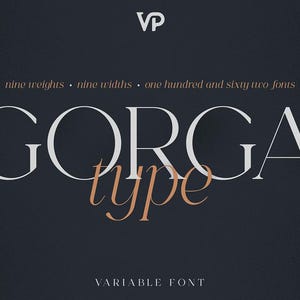Gorga Type Elegante Serifenschrift – Massive Familie mit 162 Schriftarten, 2 variable Stile, 9 Schriftarten & Breiten, Swashes, Alternates, 85-Sprachen