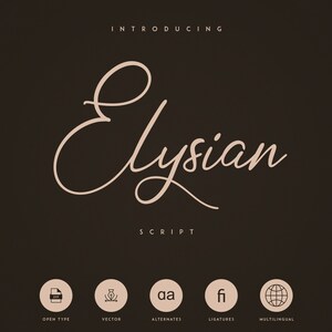 May include: Introducing Elysian Script, a handwritten font with a flowing, elegant style. The font name is displayed in a light brown color against a dark brown background. The image also includes icons for Open Type, Vector, Alternates, Ligatures, and Multilingual support.