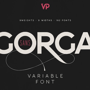 Puede incluir: Una fuente blanca sans-serif llamada "Gorga Sans" con un diseño de fuente variable. El texto "9 pesos - 9 anchos - 162 fuentes" se muestra encima del nombre de la fuente.