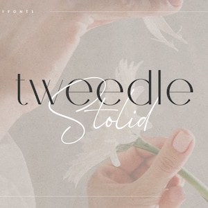 May include: A font duo called "Tweedle" and "Stolid" displayed on a light beige background with a flower and a hand holding the stem.