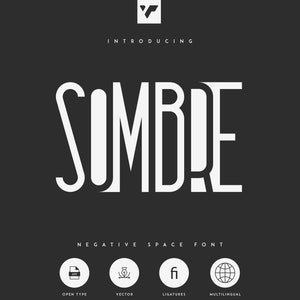 May include: A white font design called "Sombre" with a negative space effect. The font is displayed in all caps and is a sans-serif font. The font is described as an open type, vector, ligature, and multilingual font.