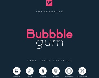 May include: A graphic design for a font called "Bubbble gum", a sans serif typeface. The font is pink and white and the text is "Introducing Bubbble gum Sans Serif Typeface".  The graphic also includes icons for Open Type, Vector, Ligatures, 10 Fonts, Multilingual, and 14 Illustrations.