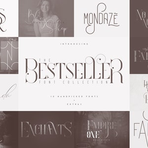 Pode incluir: Uma coleção de 10 fontes escolhidas a dedo, apresentando uma variedade de estilos, incluindo script, serif e sans-serif. As fontes são exibidas em uma variedade de logotipos e designs, mostrando sua versatilidade.