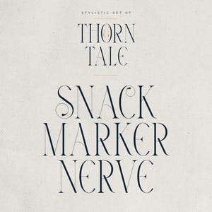 May include: A cream-colored background features the words "THORN & TALE" and "SNACK MARKER NERVE" in a dark blue, stylized font. The text is arranged in a vertical layout, with the words stacked on top of each other.