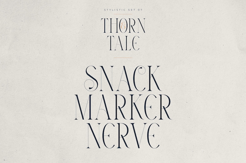 May include: A cream-colored background features the words "THORN & TALE" and "SNACK MARKER NERVE" in a dark blue, stylized font. The text is arranged in a vertical layout, with the words stacked on top of each other.