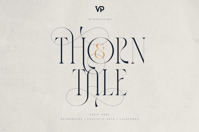 May include: A serif font design with the words "THORN & TALE" in a stylized, elegant font. The text is in dark blue and orange against a cream background. The design includes the text "INTRODUCING" and "SERIF FONT".