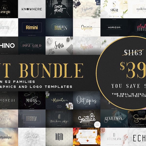 197 Font Bundle – 52 Typefaces, Logo Templates & Graphics